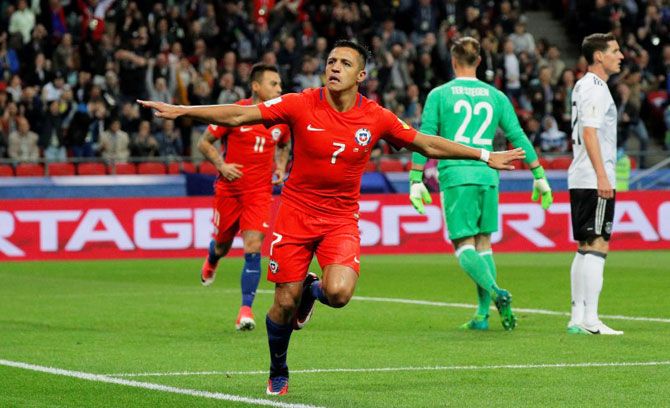 Chile’s Alexis Sanchez celebrates scoring against Germany during their FIFA Confederations Cup Group B match in Kazan, Russia, on Thursday