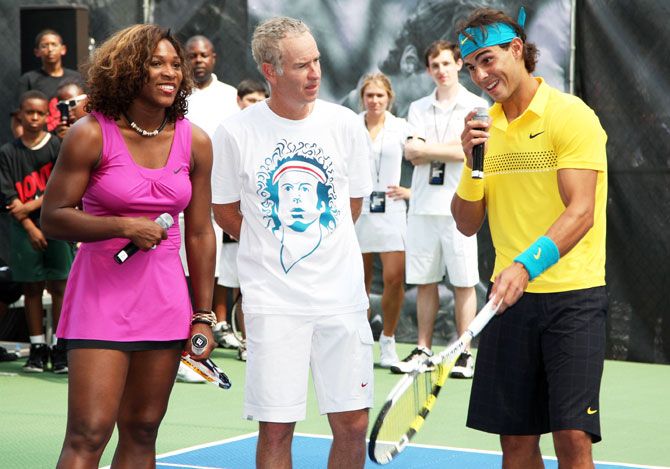 In this file photo, Serena Williams, John McEnroe (centre) and Rafael Nadal (right) are seen at an exhibition event in August 2010