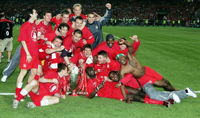 Liverpool players pose for a picture after winning the European Champions League final against AC Milan at the Ataturk Olympic Stadium in Istanbul, Turkey, on May 25, 2005