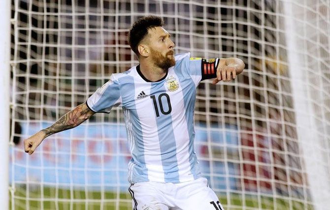 Argentina's Lionel Messi celebrates on converting a penalty against Chile during their World Cup 2018 Qualifiers played at the Antonio Liberti Stadium in Buenos Aires, Argentina on Thursday