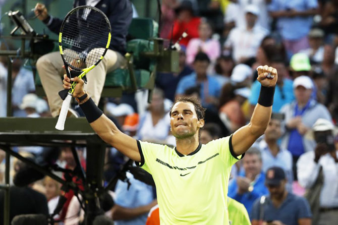 Spain's Rafael Nadal celebrates after defeating Israel's Dudi Sela in their second round on day four of the 2017 Miami Open at Brandon Park Tennis Center in Key Biscayne, Miami, Florida on Saturday
