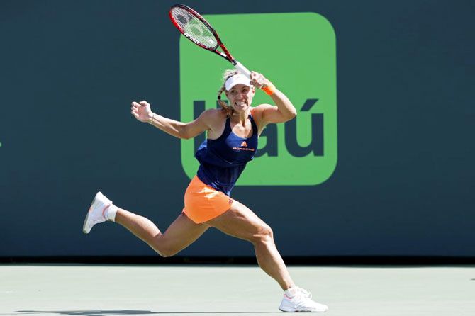 Germany's Angelique Kerber hits a forehand against USA's Shelby Rogers (not pictured) on day six of the 2017 Miami Open at Crandon Park Tennis Center in Miami, Florida on Sunday