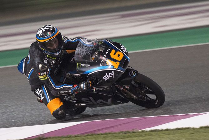 Sky Racing Team VR46’s Italian rider Andrea Migno rounds the bend and returns in box during the MotoGp of Qatar, Free Practice at Losail Circuit in Doha, Qatar, on March 23