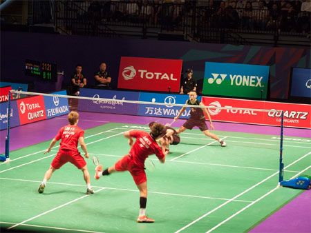 Action from the doubles match between Denmark and Indonesia at the Sudirman Cup on Wednesday