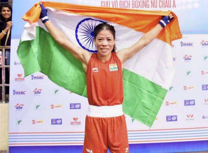 Indian pugilist MC Mary Kom after winning her fifth Asian Boxing Championship gold medal in Ho Chi Minh City in Vietnam on Wednesday