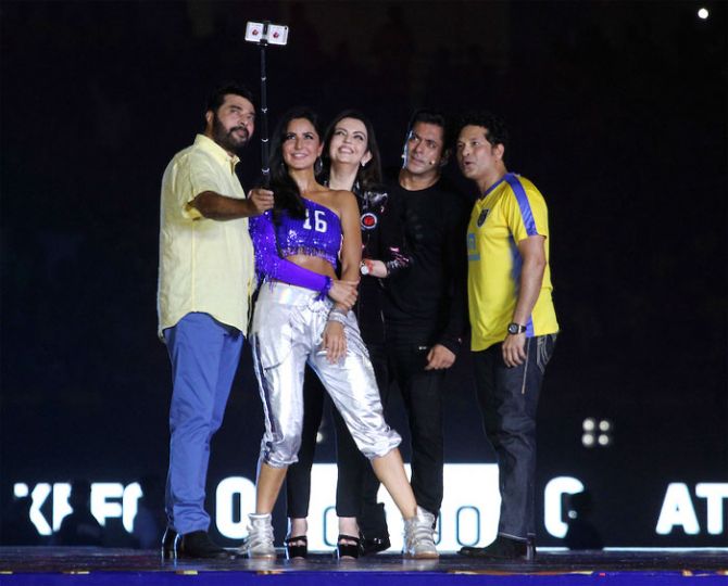 Malayalam actor Mammooty clicks a selfie with Katrina Kaif, Nita Ambani, Salman Khan and Sachin Tendulkar