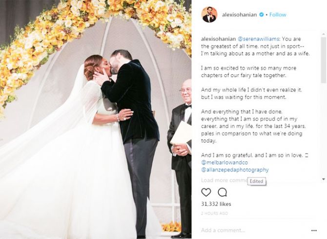 Serena and Alexis Ohanian share a passionate kiss, their first as husband and wife