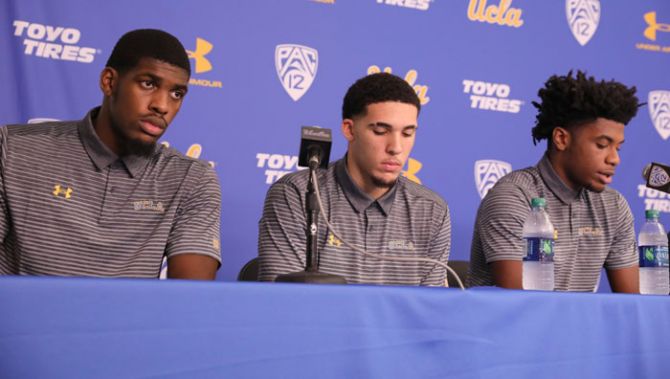 UCLA basketball players Cody Riley, LiAngelo Ball, and Jalen Hill speak at a press conference at UCLA after flying back from China where they were detained on suspicion of shoplifting, in Los Angeles, California on November 15