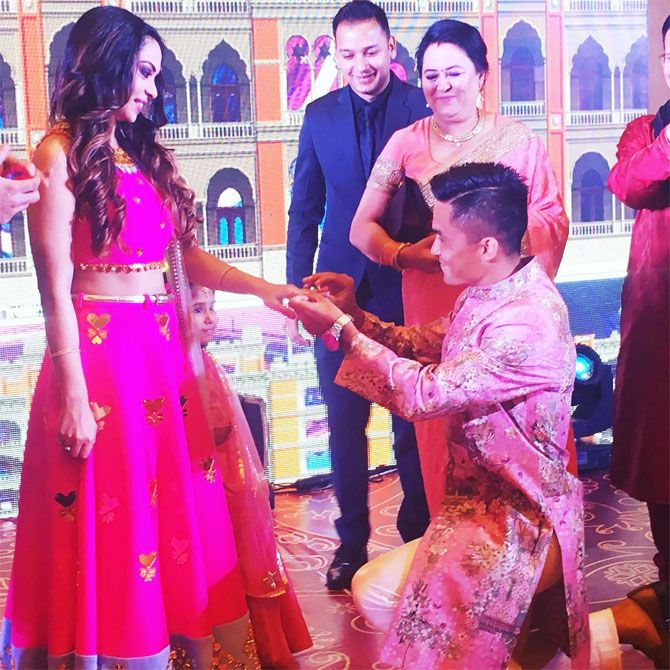 Sunil Chhetri and Sonam Bhattacharya seal it with a ring at their Sangeet ceremony on Monday