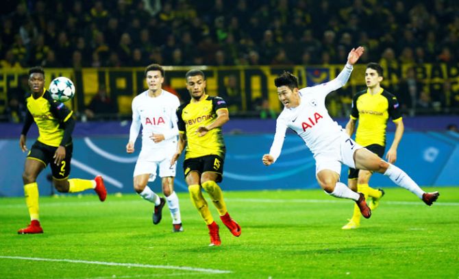 Tottenham's Son Heung-min shoots at goal during their match against Borussia Dortmund at Signal Iduna Park in Dortmund on Tuesday