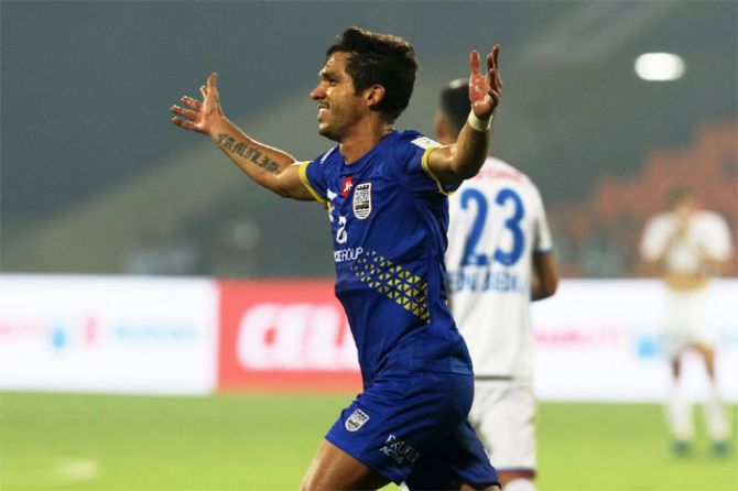 Mumbai City FC's Everton Santos celebrates scoring the opener against FC Goa during their ISL match in Mumbai on Saturday