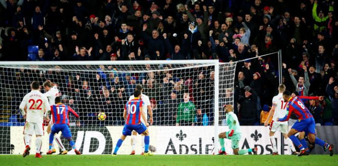 Crystal Palace's Mamadou Sakho scores their second goal against Stoke City at Selhurst Park in London