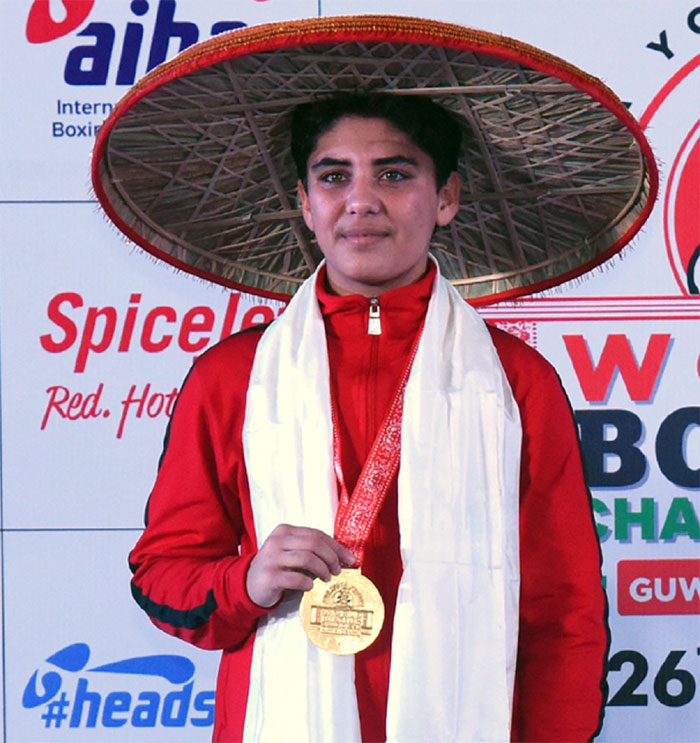 Jyoti Gulia with her gold medal at the AIBA World Women's Youth Championship in Guwahati on Sunday