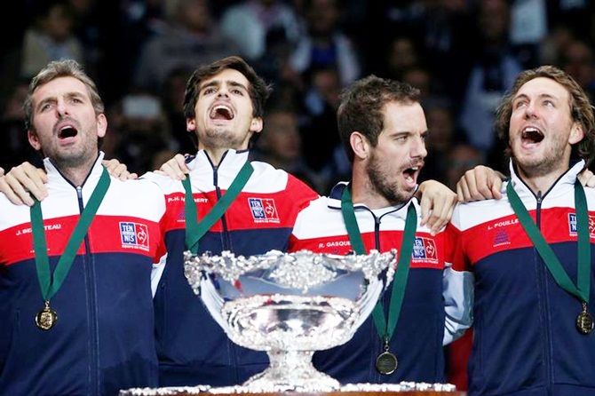France's players with the Davis Cup
