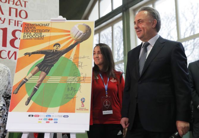 Russian Deputy Prime Minister Vitaly Mutko attends a ceremony unveiling the Official Poster for the 2018 FIFA World Cup Russia in Moscow, Russia on Tuesday