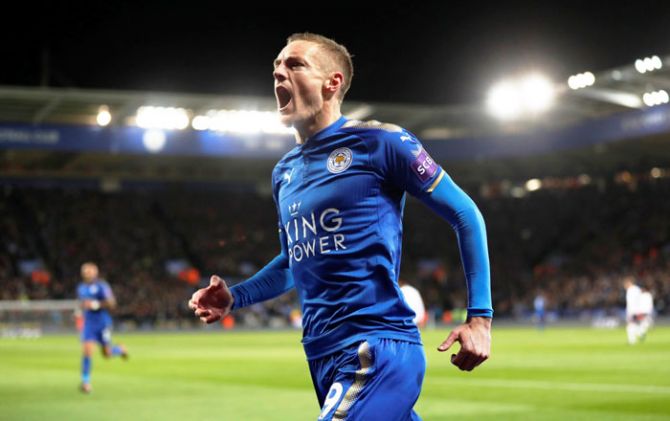 Leicester City's Jamie Vardy celebrates scoring against Tottenham Hotspur during their match at the King Power Stadium in Leicester on Tuesday