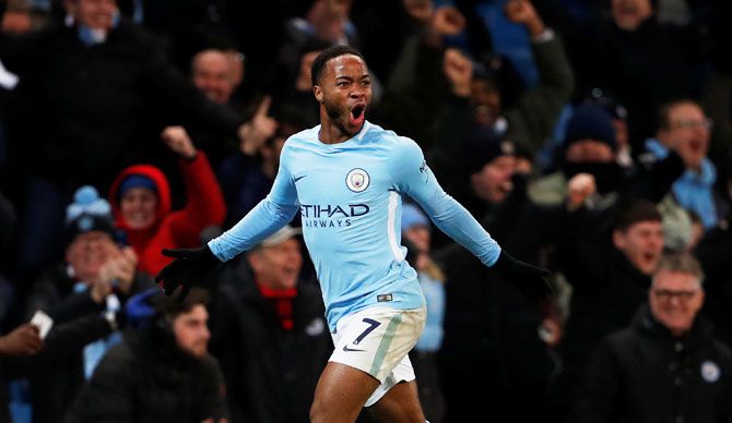 Manchester City's Raheem Sterling celebrates scoring their second goal against Southampton at the Etihad Stadium on Wednesday