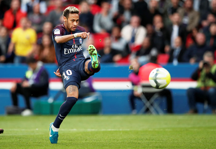 Paris Saint-Germain’s Neymar shoots at goal during their match against Bordeaux during their Ligue 1 match at Parc des Princes, stadium in Paris on Saturday