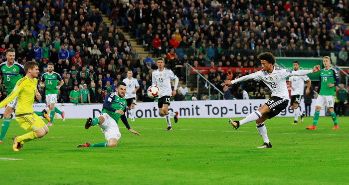 Germany’s Leroy Sane shoots on goal 
