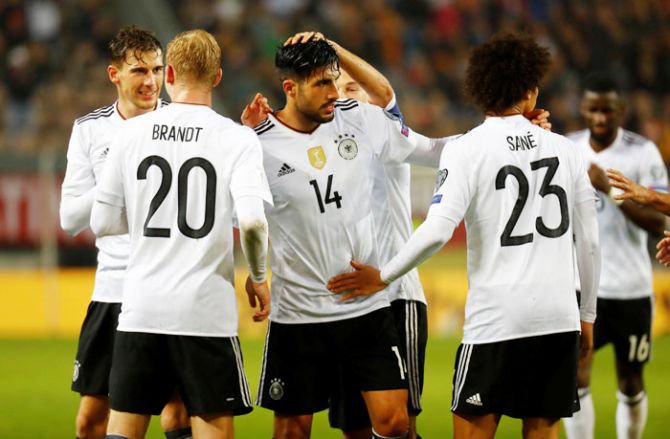 Germany’s Emre Can celebrates with teammates after scoring their fifth goal against Azerbaijan at Fritz-Walter-Stadion in Kaiserslautern in Germany on Sunday