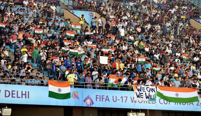 Fans at the Jawaharlal Nehru Stadium in New Delhi during a match at the FIFA Under-17 World Cup