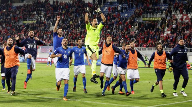 Italy players celebrate after the match against Albania on Monday