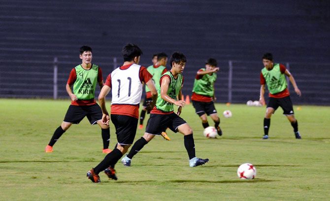 The Japan Under-17 football players at a training session in Guwahati