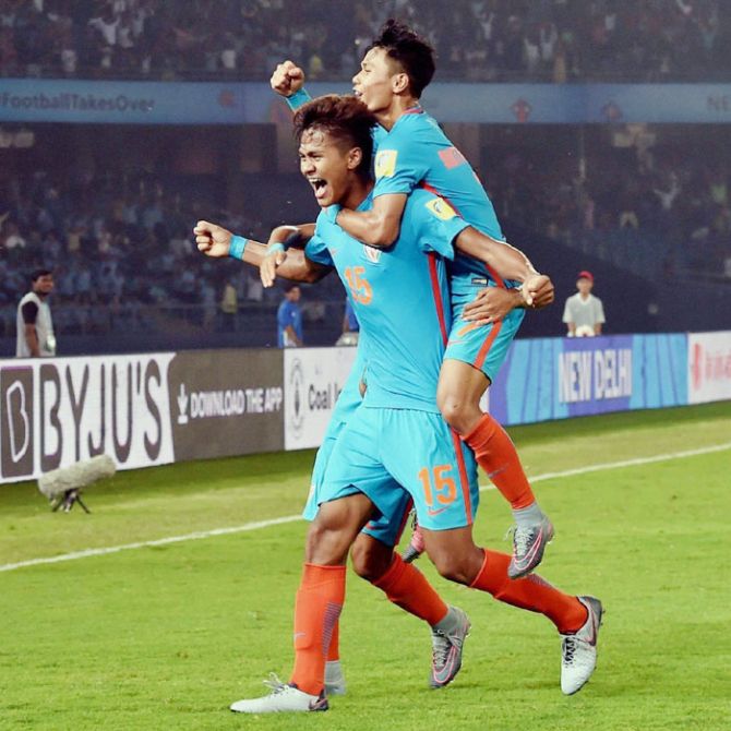 16-year-old Jeakson Singh (left) will go down in history as India's first goal-scorer in a FIFA World Cup competition