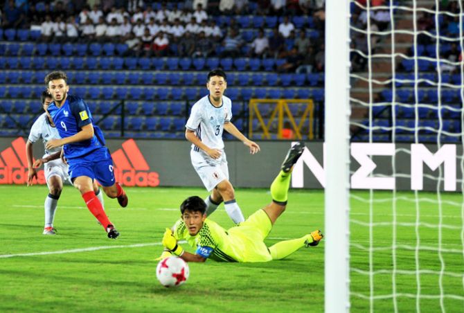 France's Amine Gouiri shoots past Japan 'keeper as the other players watch in disbelief during their FIFA U-17 World Cup match in Guwahati on Wednesday