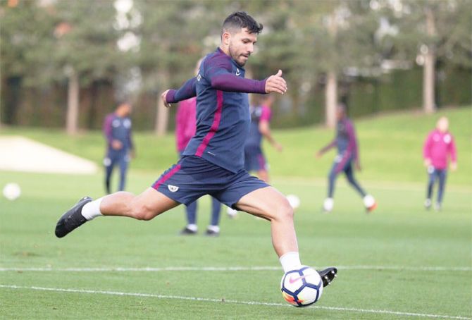 Manchester City's Sergio Kun Aguero at a training session on Friday