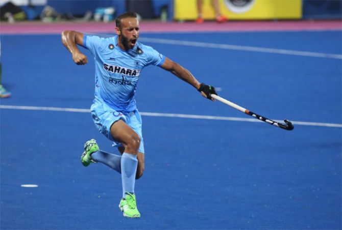 India's Ramandeep Singh is pumped after scoring against Pakistan during their Asia Cup Hockey match in Dhaka on Sunday