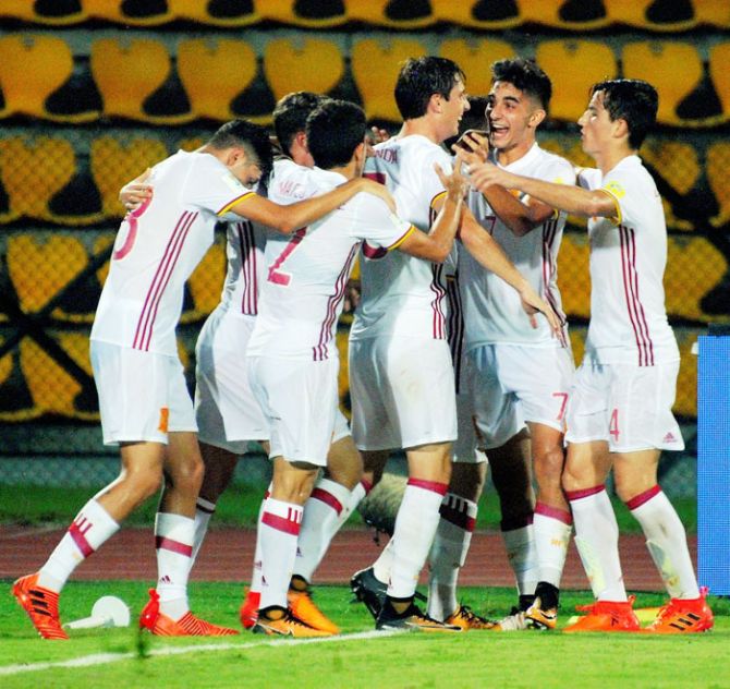 Spain players celebrate after scoring against France during their Under-17 World Cup match in Guwahati on Tuesday