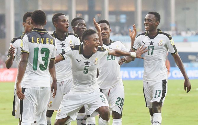 Ghana players celebrate after striking a goal against Niger during their FIFA Under-17 World Cup match at D Y Patil Stadium in Navi Mumbai on Wednesday