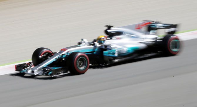 Mercedes' Lewis Hamilton in action during the Italian F1 GP at Monza on Sunday