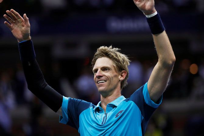 South Africa's Kevin Anderson celebrates his win against Spain's Pablo Carreno Busta in the US Open semi-final at Flushing Meadows on Friday