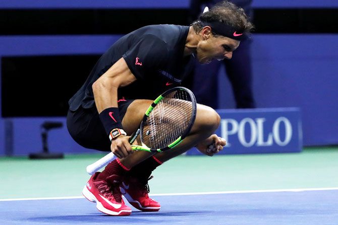 Spain's Rafael Nadal is pumped after his win against Argentina's Juan Martin del Potro in the US Open semi-final at Flushing Meadows at the US Open on Friday