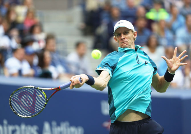 South Africa's Kevin Anderson returns a shot against Spain's Rafael Nadal during their US Open singles final at the USTA Billie Jean King National Tennis Center in the Flushing neighborhood of the Queens borough of New York City on Sunday