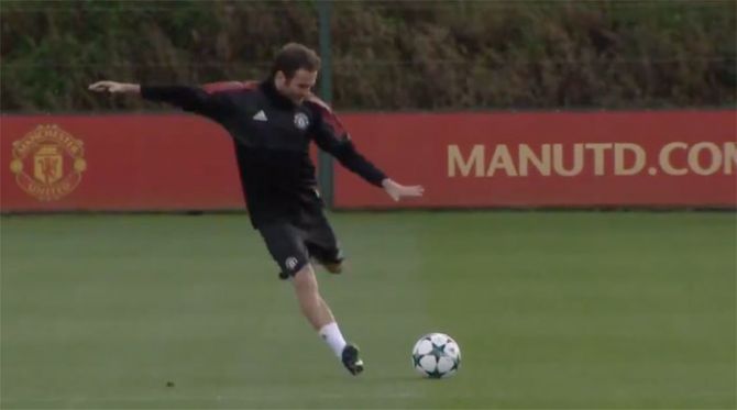 Manchester United's Juan Mata gets into the groove at a training session in Carrington on Monday