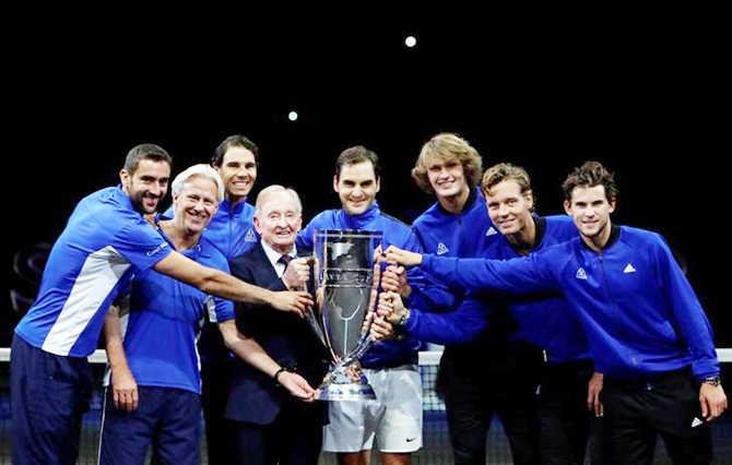 Members of team Europa pose for a picture after winning the Laver Cup