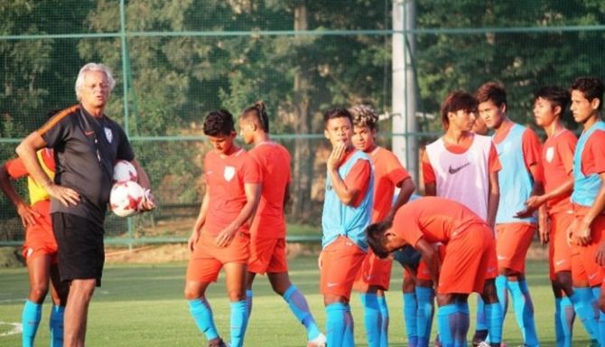 India under-17 coach Luis Norton de Matos with his players at a training session