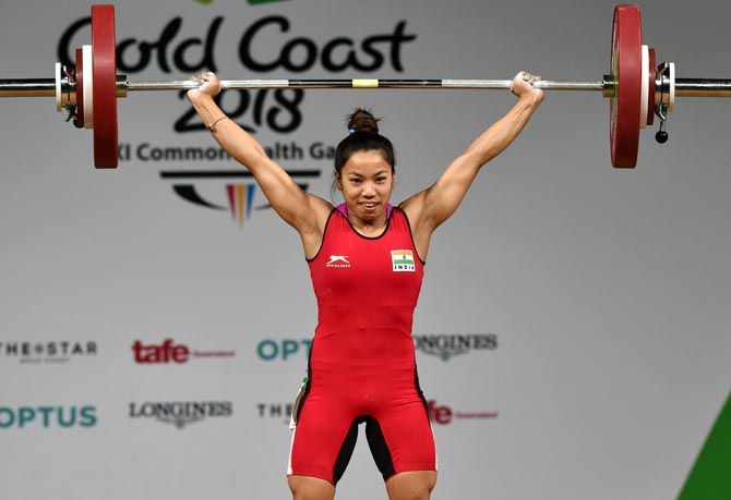 Mirabai Chanu in action in the women's weightlifting 48kg category on day one of the Gold Coast 2018 Commonwealth Games at Carrara Sports and Leisure Centre on Thursday