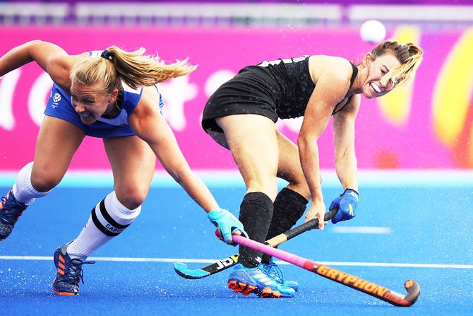 New Zealand’s Kelsey Smith shoots at goal during the Pool B Hockey match against Scotland at Gold Coast Hockey Centre