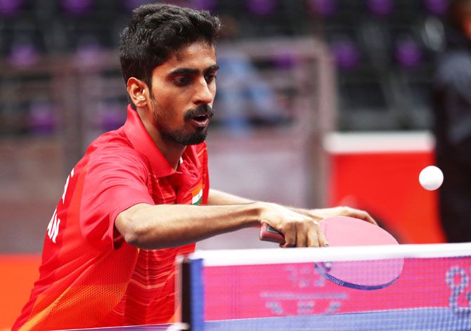 India's Sathiyan Gnanasekaran competes during the men team round table tennis match against Trinidad and Tobago on Day 1 of the Gold Coast 2018 Commonwealth Games at Oxenford Studios on the Gold Coast, Australia on Thursday