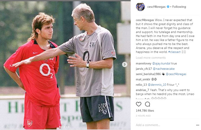 Chelsea's Cesc Fabregas put up this throwback image with his former Arsenal boss Arsene Wenger