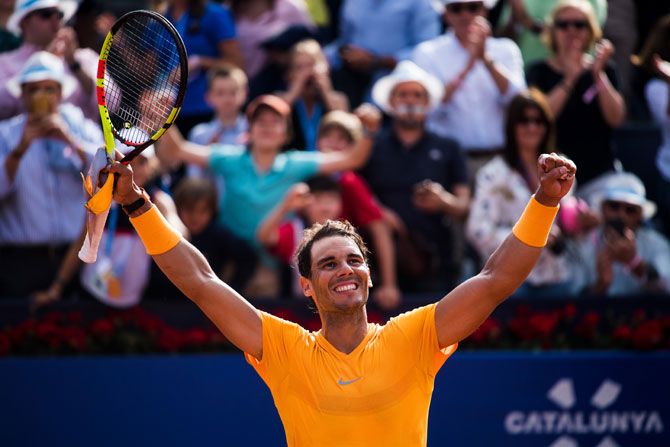Spain's Rafael Nadal celebrates his victory against Belgium's David Goffin in their semi-final of the Barcelona Open Banc Sabadell in Barcelona on Saturday