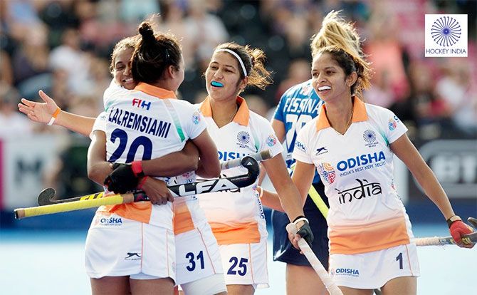 India's Lalremsiami celebrates with teammates after scoring the first goal against Ireland on Tuesday