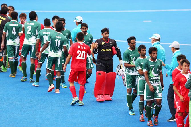 China and Pakistan players shake hands after the 7th/8th place match between Pakistan and China on day nine of the Hero Hockey World League Semi-Final at Lee Valley Hockey and Tennis Centre on June 25, 2017 in London, England. (Image used for representational purposes)