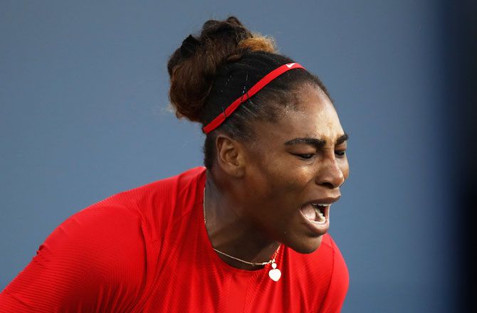 Serena Williams of the United States reacts during her match against Johanna Konta of Great Britain on Day 2 of the Mubadala Silicon Valley Classic at Spartan Tennis Complex in San Jose, California, on Tuesday