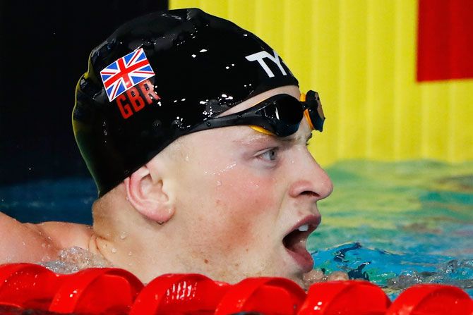 Adam Peaty of Britain reacts after the 100m Breaststroke men final at the 2018 European Championships at the Tollcross International Swimming Centre in Glasgow on Saturday