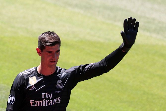 Real Madrid's Thibaut Courtois on the pitch during the presentation at Santiago Bernabeu stadium in Madrid on Thursday